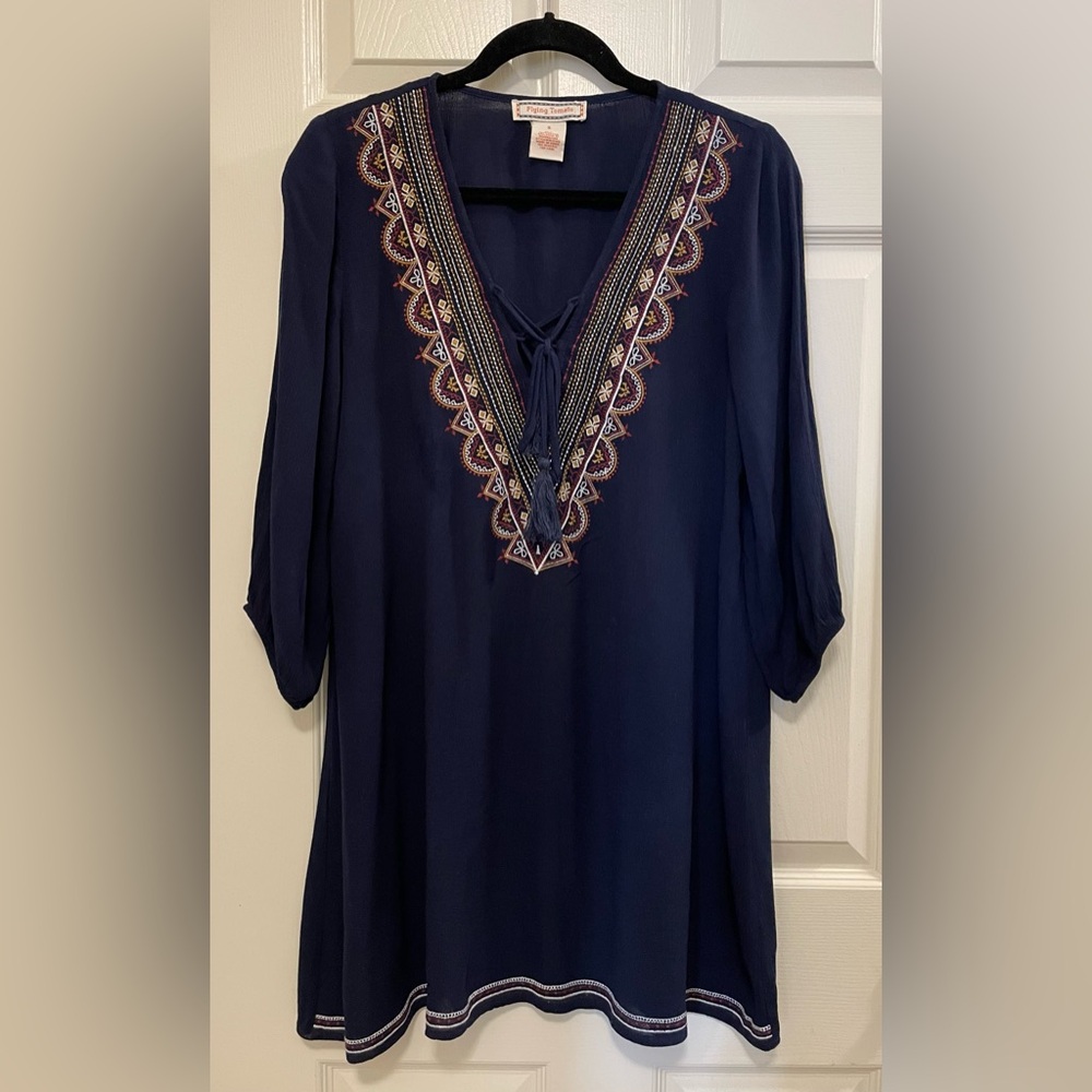 Flying Tomato Deep Blue Embroidered Boho Dress